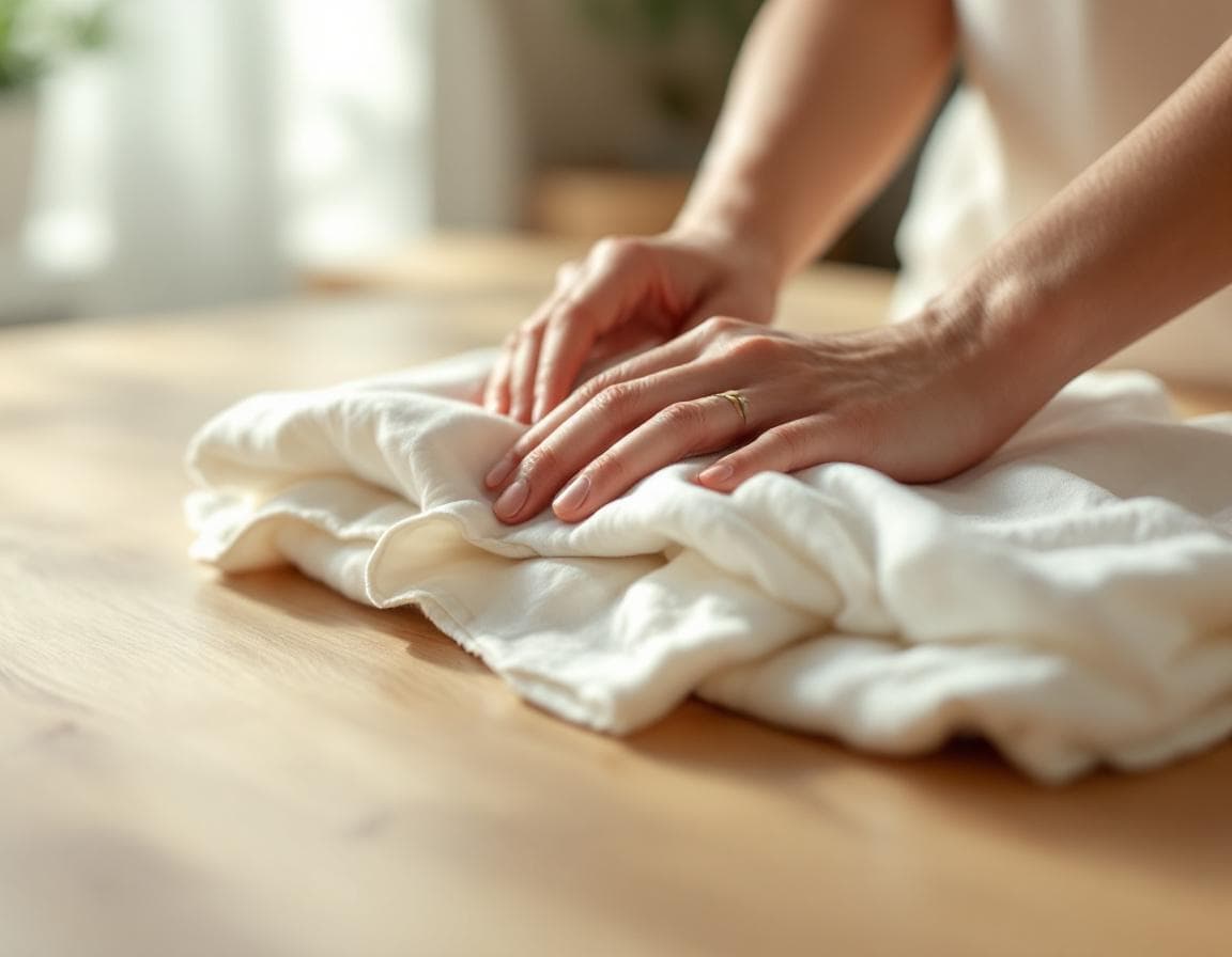 Hands folding freshly laundered linens